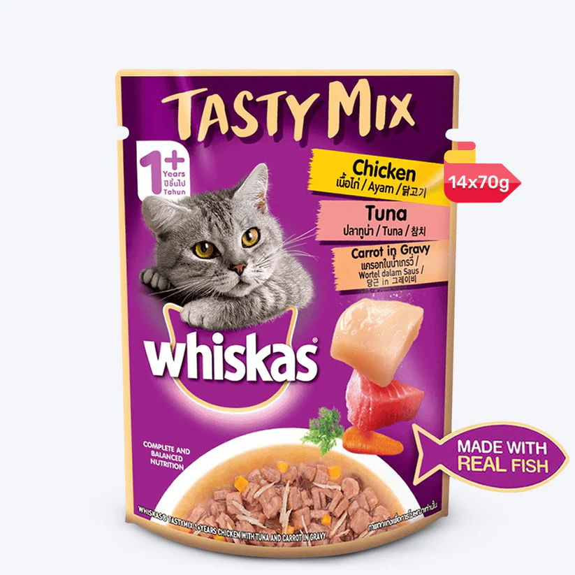 Whiskas Adult Tasty Mix Chicken Tuna Carrot In Gravy 70G