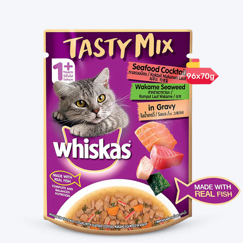 Whiskas Adult Tasty Mix Seafood Cocktail Wakame Seaweed In Gravy 70G